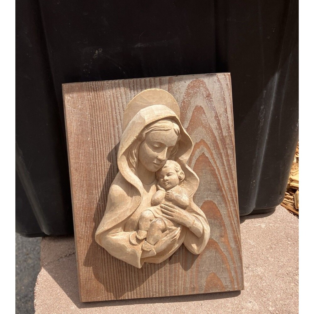 VTG Hand Carved Wood Madonna & Child Wall Plaque Virgin Mary Jesus Folk Art